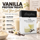 Inspire Vanilla Shake or Pudding Mix box on a bright kitchen counter beside a creamy vanilla shake, pudding, vanilla beans and flowers. Graphic highlights 15g protein, great taste, versatility and convenience.