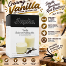 Inspire Vanilla Shake or Pudding Mix box displayed with creamy vanilla shakes, vanilla beans and flowers, highlighting protein, easy preparation and rich vanilla flavor.