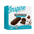 Inspire Chocolate Fudge Protein Bars box featuring chocolate-covered fudge protein bars and chocolate pieces. Gluten free with 14g protein per bar.