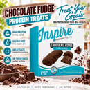 Inspire Chocolate Fudge Protein Bars box with chocolate pieces, highlighting high protein, gluten-free ingredients, great taste and convenient on-the-go snacking.