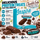 Inspire Chocolate Fudge Protein Bars with rich chocolate and fudgy centers, highlighting 14g protein, gluten-free ingredients and convenient on-the-go nutrition.