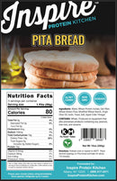 Inspire Protein Kitchen Pita Bread packaging with Nutrition Facts, ingredients, preparation directions and storage instructions. Each pita has 80 calories, 2 grams of net carbs and 10 grams of protein.