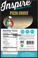 Inspire Artisan Thin Pizza Crust twin-pack packaging with Nutrition Facts, ingredients, preparation directions and storage instructions. Each quarter crust has 50 calories, 1 gram of net carbs and 7 grams of protein.