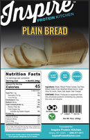 Inspire Protein Kitchen Plain Bread packaging with Nutrition Facts, ingredients and storage instructions. Each slice has 45 calories, 1 gram of net carbs and 6 grams of protein.