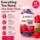 BariatricPal Sour Raspberry Iron Chews provide 45 mg of iron per serving in one daily chew to support energy, immune health, red blood cell formation and cognitive function.