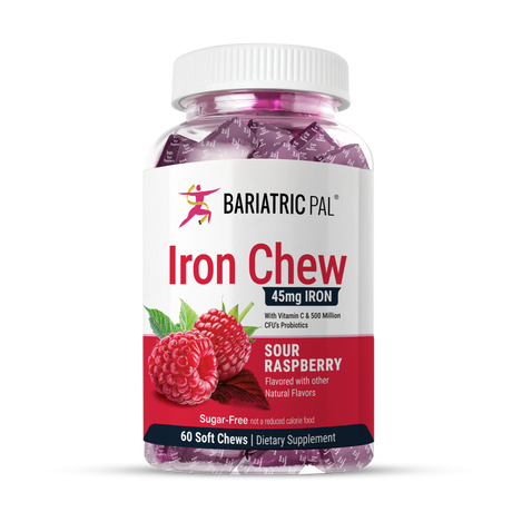 BariatricPal Sour Raspberry Iron Chews with 45 mg iron, vitamin C and probiotics. Sugar-free, 60-count bottle.