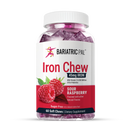 BariatricPal Sour Raspberry Iron Chews with 45 mg iron, vitamin C and probiotics. Sugar-free, 60-count bottle.