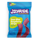 A bright blue package of Joyride Sour Blue Raspberry Strips features the product name prominently, with images of the chewy candy strips and a label indicating "80% Less Sugar" and "Ryan Trahan's Pick."