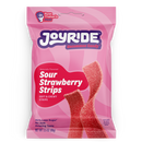 A pink package of Joyride Sour Strawberry Strips features the product name prominently, with a description of being soft and chewy, and highlights that it contains 80% less sugar.