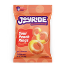 A colorful bag of Joyride Sour Peach Rings candy features soft, chewy gummy rings with a vibrant orange and yellow color, labeled as having 50% less sugar and an amazing taste.