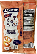 A colorful snack bag for Joyride's peach and mango gummies features playful graphics, highlights low sugar content, and includes a QR code for more information.