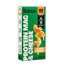 A green box of Kaizen Protein Mac & Cheese features the text "Classic Cheddar" and highlights nutritional benefits, including 60g of protein and 15g of fiber per serving, with a macaroni shape on the front.