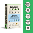 A green and white pasta box displays nutritional information highlighting 20g protein, 6g net carbs, and 15g fiber, with a blue section promoting it as gluten-free and quick to prepare.