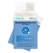 A package of Kids Multivitamin Plus Patches with Omega 3 is displayed, featuring a blue and white design, highlighting essential vitamins and minerals for children's health.