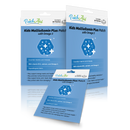 Three packages of Kids Multivitamin Plus Patch with Omega 3 are displayed, featuring a blue background, essential vitamins listed, and highlights about health benefits and hypoallergenic fabric.