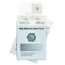 A pack of "Kids Relax & Calm Patches" is displayed, featuring a light blue label with a flower icon, highlighting benefits like stress reduction and restful sleep, and indicating it contains 30 hypoallergenic patches.
