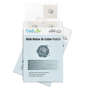 A pack of "Kids Relax & Calm Patches" is displayed, featuring a light blue label with a flower icon, highlighting benefits like stress reduction and restful sleep, and indicating it contains 30 hypoallergenic patches.