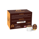 A brown box labeled "Caramel" displays information about low-acid organic coffee, featuring a cup with a caramel flavor, and highlights its health benefits and organic certification.
