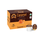 A box of caramel flavored coffee pods, featuring 12 single-serve cups, is displayed with labels indicating it's organic, non-GMO, and low acid, set against a plain background.