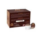 A brown cardboard box of Alex's Low-Acid Organic Coffee features a chocolate-flavored coffee pod, showcasing the mission statement and cupping notes on the box's side.