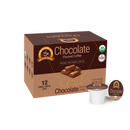 A box of chocolate-flavored coffee pods, labeled "Alex's Low Acid Organic Coffee," contains 12 single-serve cups, highlighting its non-GMO and USDA organic certifications.