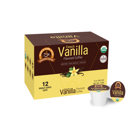 A box of French Vanilla Flavored Coffee contains 12 single-serve cups, featuring a brown and yellow design with images of vanilla beans and leaves, labeled as organic and low acid.