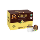 A box of French Vanilla Flavored Coffee contains 12 single-serve cups, featuring a brown and yellow design with images of vanilla beans and leaves, labeled as organic and low acid.