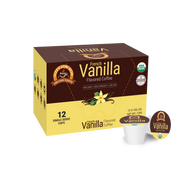 A box of French Vanilla Flavored Coffee contains 12 single-serve cups, featuring a brown and yellow design with images of vanilla beans and leaves, labeled as organic and low acid.