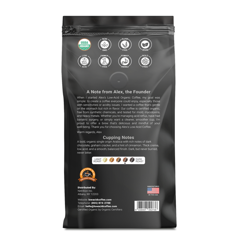 Alex's Low Acid Organic Coffee™ - Espresso Whole Bean (12oz)