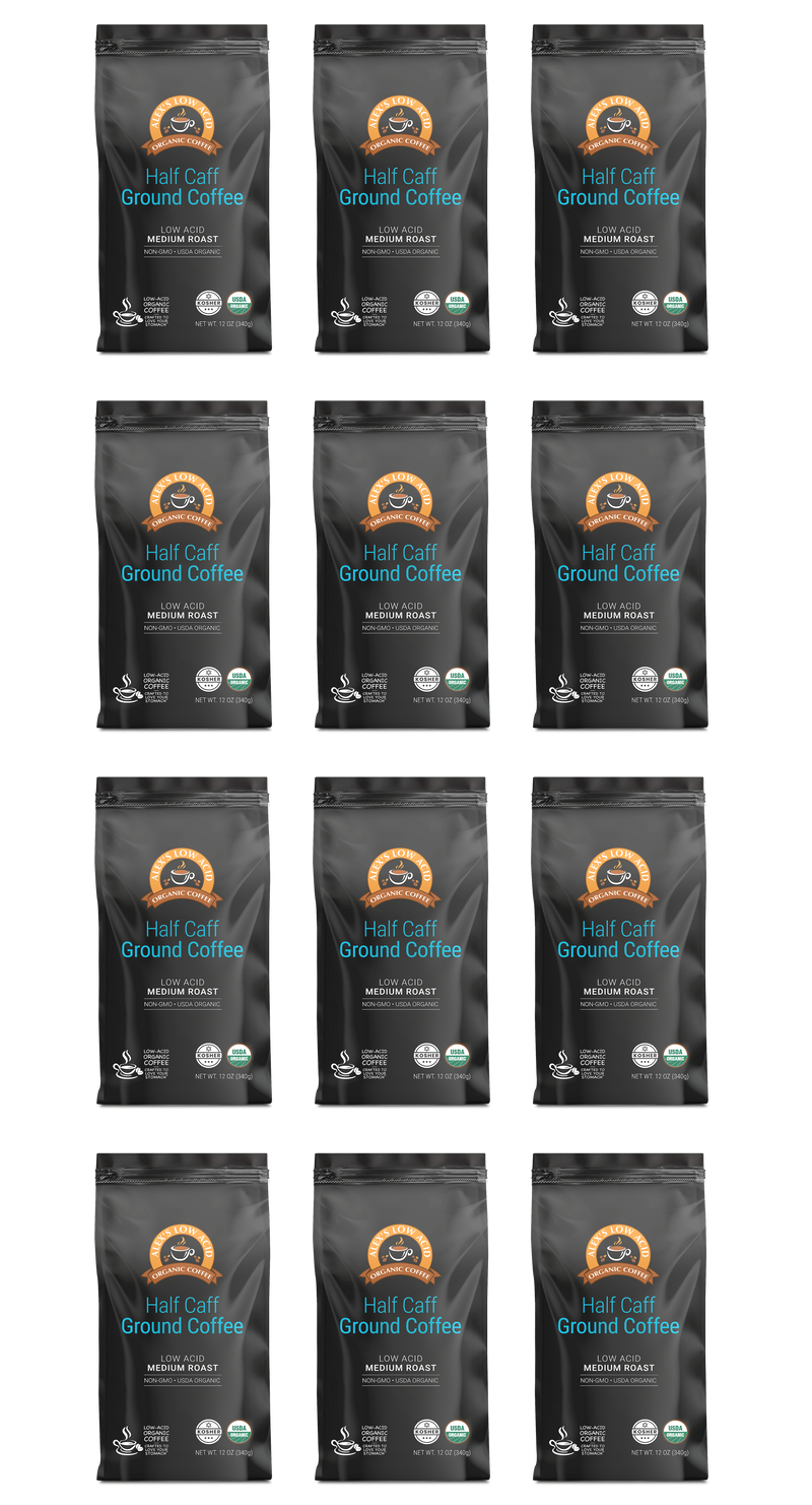 Alex's Low Acid Organic Coffee™ - Half Caff Fresh Ground (12oz)