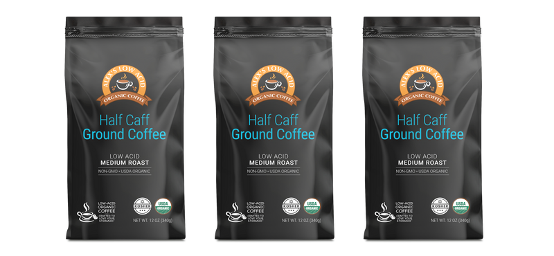 Alex's Low Acid Organic Coffee™ - Half Caff Fresh Ground (12oz)