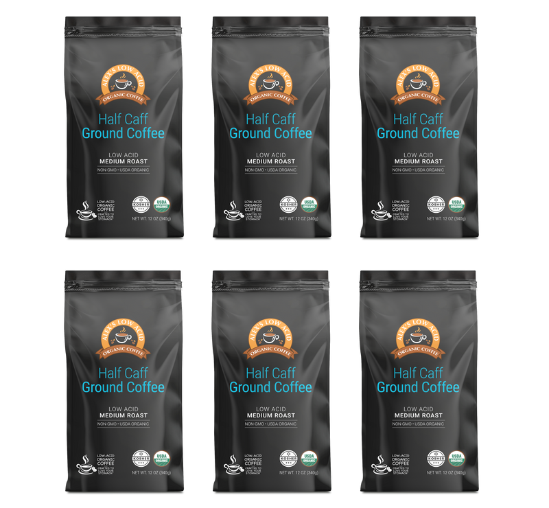 Alex's Low Acid Organic Coffee™ - Half Caff Fresh Ground (12oz)
