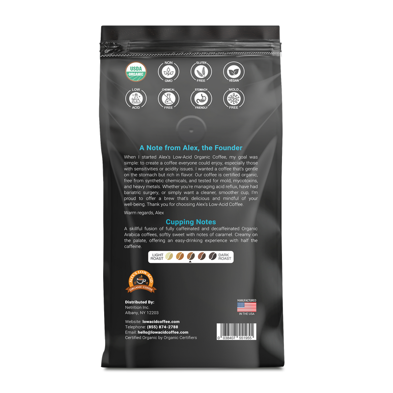 Alex's Low Acid Organic Coffee™ - Half Caff Fresh Ground (12oz)