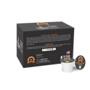 A black box of Alex's Low-Acid Organic Coffee features a note from the founder, cupping notes, and a coffee pod labeled "French Roast," emphasizing its smooth flavor and organic certification.