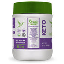 A white container of Stevita Naturals Keto sweetener with a green lid displays labels highlighting its zero calories, zero carbs, and various dietary certifications, set against a plain background.