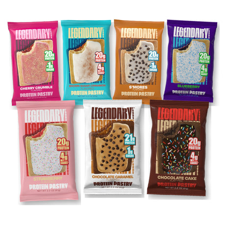 Seven colorful protein pastry packages are displayed, featuring flavors like Cherry Crumble, S'mores, and Chocolate Cake, each highlighting protein content and low sugar.