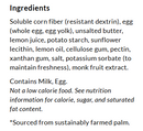 A list of ingredients for a food product includes soluble corn fiber, egg, unsalted butter, and various additives, with notes on allergens and nutritional information.