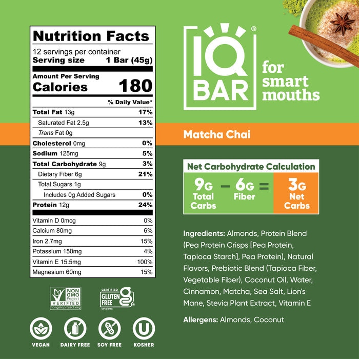 IQBar Vegan and Keto Protein Bars - Matcha Chai