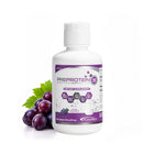 A white bottle of PREPROTEIN hydrolyzed liquid collagen dietary supplement, labeled with grape flavor details, sits beside fresh purple grapes on a light background.