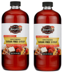 Two bottles of Joseph's maple-flavored sugar-free syrup are displayed side by side, each labeled as gluten-free, keto, and diabetic-friendly, with a serving suggestion of waffles topped with berries and butter.