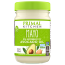 A jar of Primal Kitchen mayonnaise made with avocado oil, featuring a bright green lid and label, highlights its ingredients and certifications, emphasizing it's made with cage-free eggs and is sugar-free.