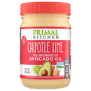 A jar of Primal Kitchen Chipotle Lime mayonnaise made with avocado oil, featuring a red lid and labels highlighting its ingredients and certifications, set against a plain background.