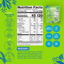 A nutrition facts label displays serving information, calorie content, and ingredients for a vegan product featuring hearts of palm and various vegetables, set against a vibrant green background.