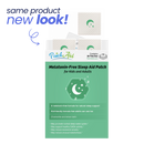 A package of melatonin-free sleep aid patches for kids and adults is displayed, featuring a new design with a green background, product details, and a graphic of a crescent moon and stars.