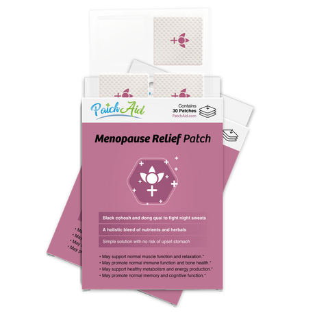 A package of menopause relief patches is displayed, featuring a pink design with a floral symbol, highlighting benefits like fighting night sweats and supporting muscle function, with 30 patches included.