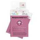 A package of menopause relief patches is displayed, featuring a pink design with a floral symbol, highlighting benefits like fighting night sweats and supporting muscle function, with 30 patches included.