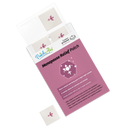 A package of menopause relief patches is displayed, featuring a pink design with a logo and text highlighting benefits, alongside one patch partially visible outside the box.