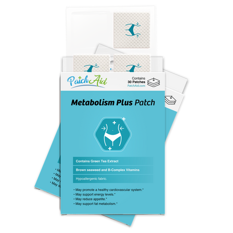 A package of "Metabolism Plus Patches" from PatchAid, featuring a blue design with health-related graphics and text highlighting ingredients and benefits, sits against a white background.