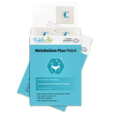 A package of "Metabolism Plus Patches" from PatchAid, featuring a blue design with health-related graphics and text highlighting ingredients and benefits, sits against a white background.