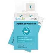 A package of "Metabolism Plus Patches" from PatchAid, featuring a blue design with health-related graphics and text highlighting ingredients and benefits, sits against a white background.